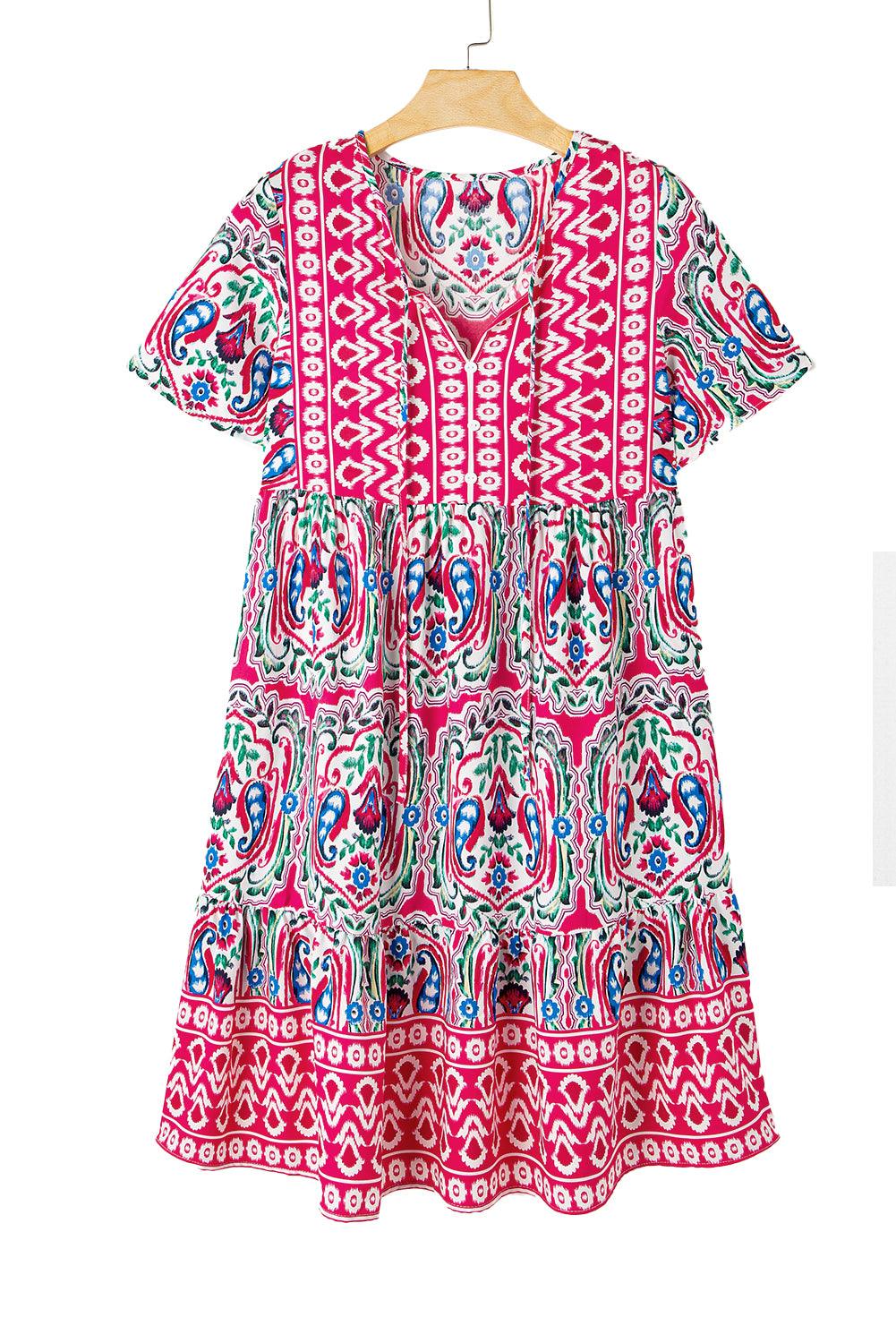 Orange Bohemian Tie Neck Flounce Sleeve Ruffle Hem Mini Dress - The Fair Lady Shop