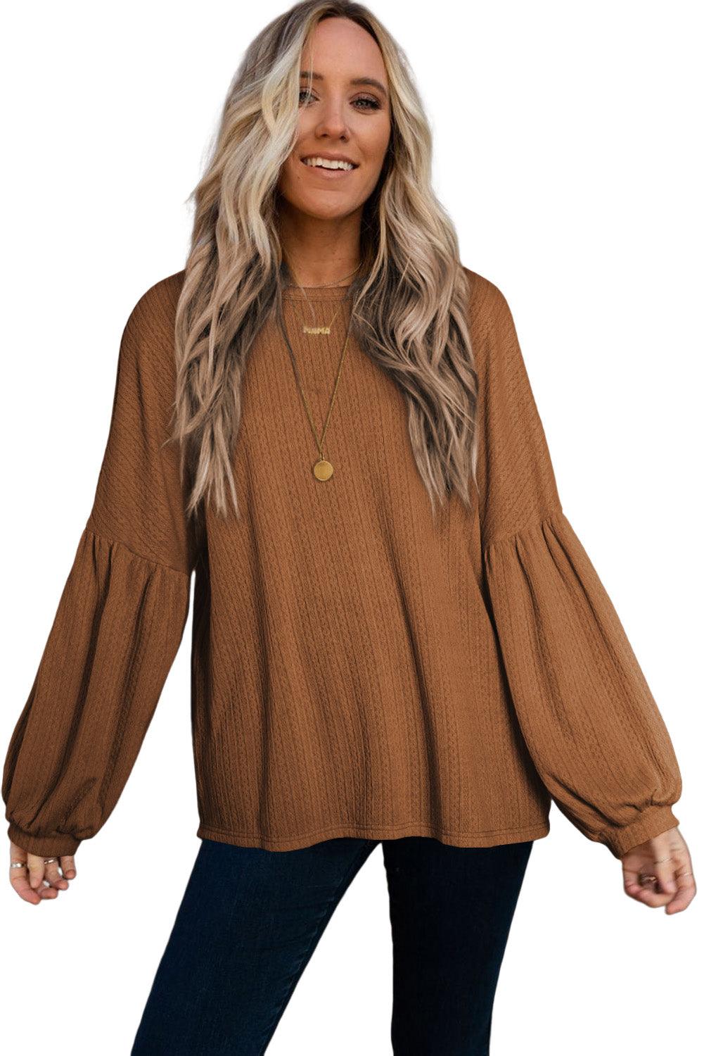 Ruby Solid Color Textured Lantern Sleeve Top - The Fair Lady Shop