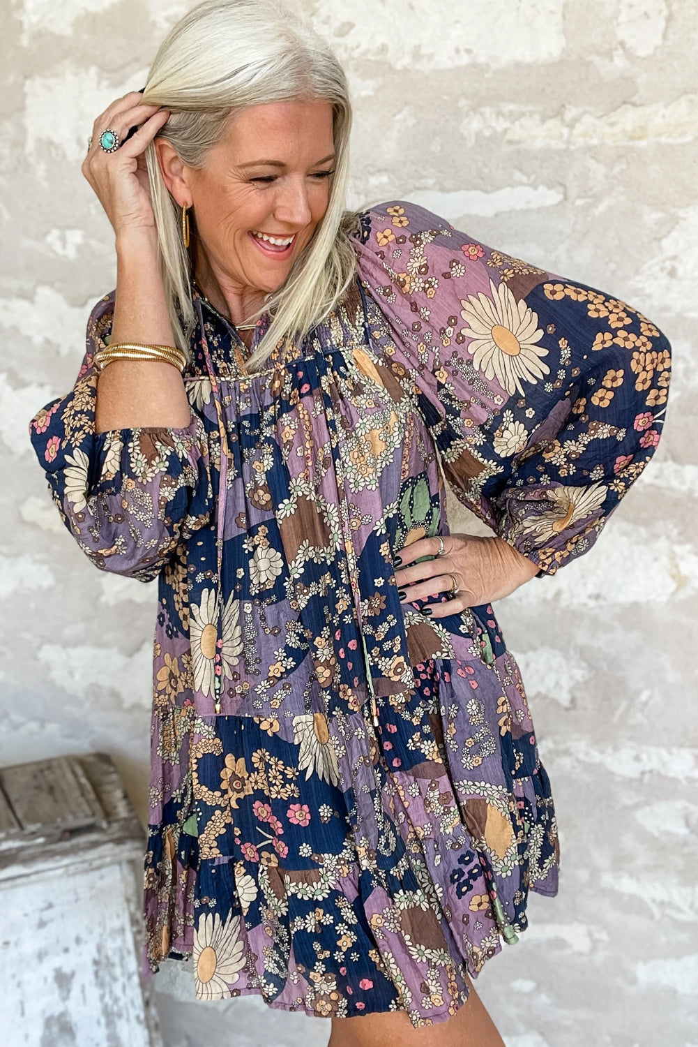 Purple Boho Floral Print Puff Sleeve Flowy Mini Dress - The Fair Lady Shop