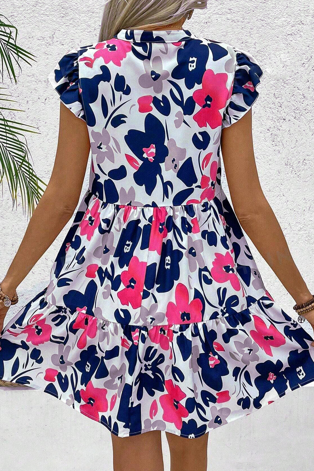 Rose Floral Print Notched Neck Flutter Sleeve Mini Dress - The Fair Lady Shop