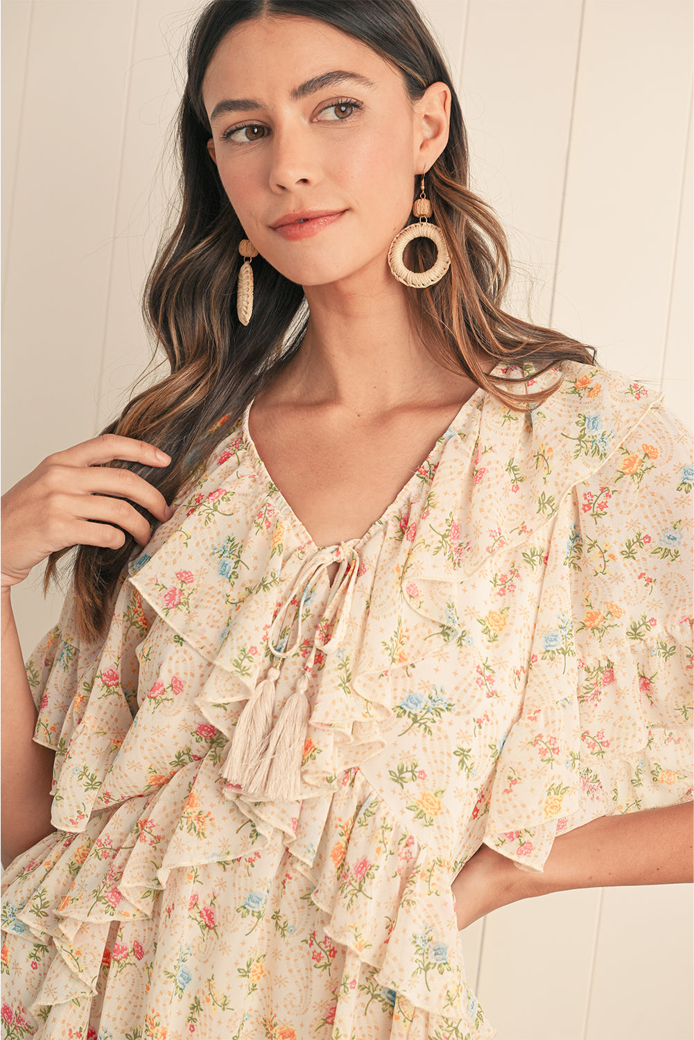 Apricot Boho V Neck Floral Tassel Tie Ruffle Mini Dress - The Fair Lady Shop