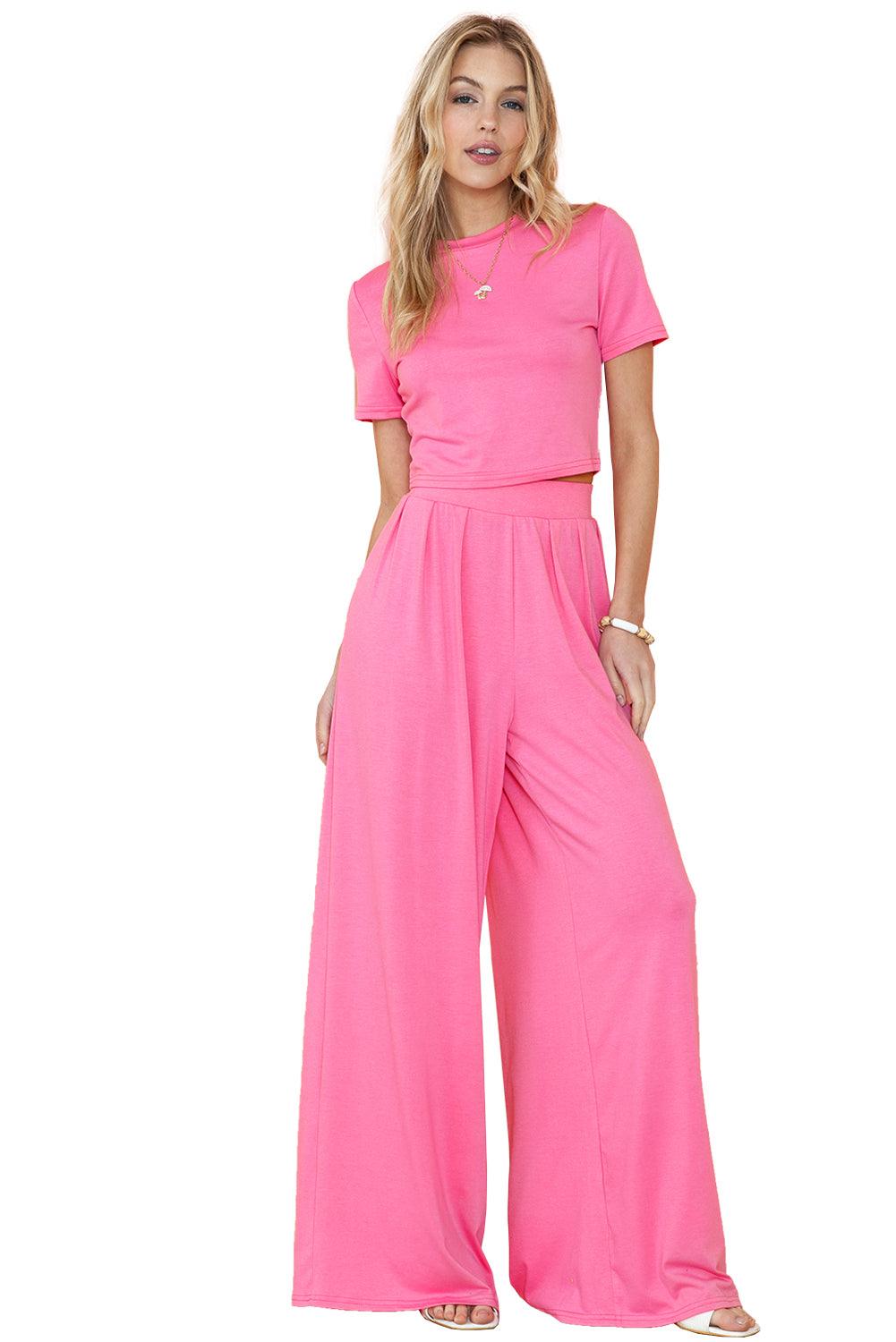 Strawberry Pink Plain Slim Fit Crop Top And Wide Leg Pants Set - The Fair Lady Shop