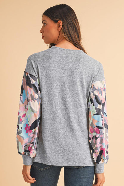 Gray Floral Splicing Lantern Sleeve Buttoned V Neck Top - The Fair Lady Shop