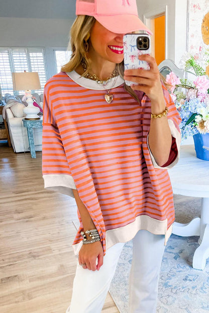 Pink Stripe Colorblock Drop Sleeve Oversized T Shirt - The Fair Lady Shop