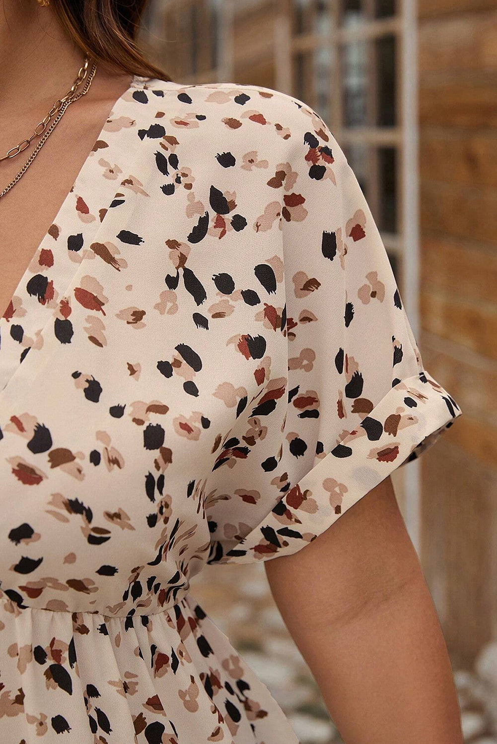 Beige Abstract Print Surplice V Neck Cuffed Sleeve Empire Waist Plus Size Dress - The Fair Lady Shop