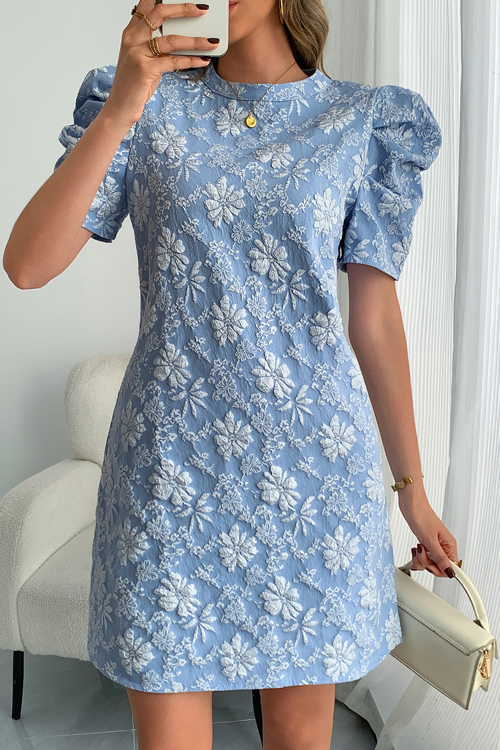 Sky Blue Floal Jacquard Elegant Mini Dress - The Fair Lady Shop