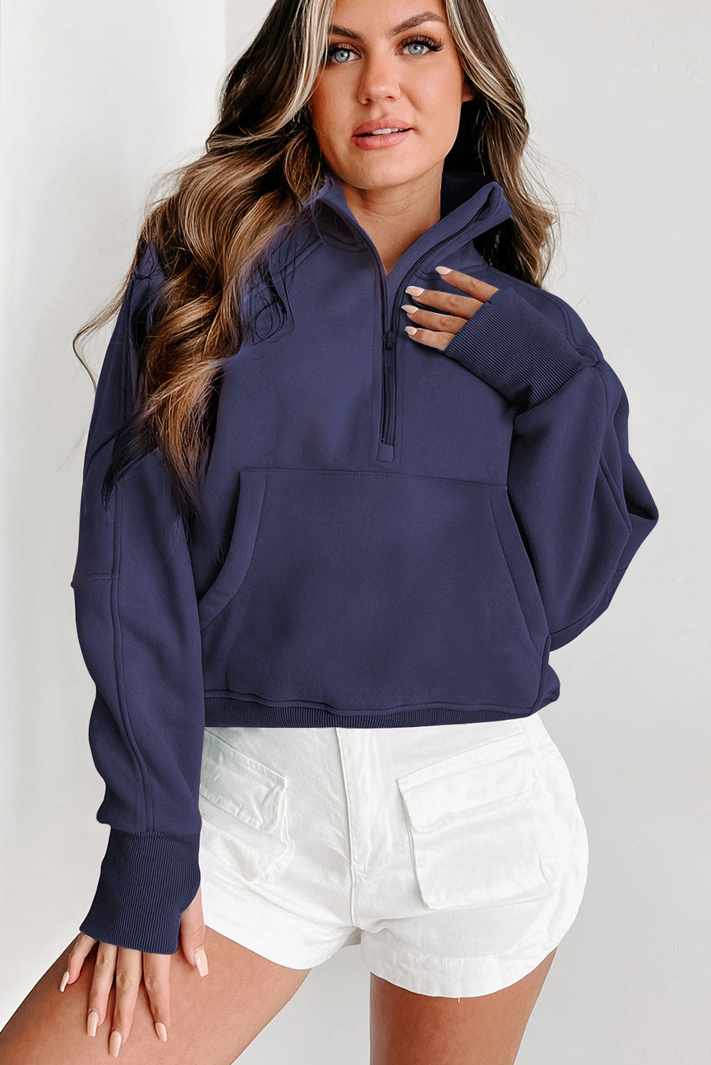 Navy Blue Zip Up Stand Collar Ribbed Thumbhole Sleeve Sweatshirt - The Fair Lady Shop