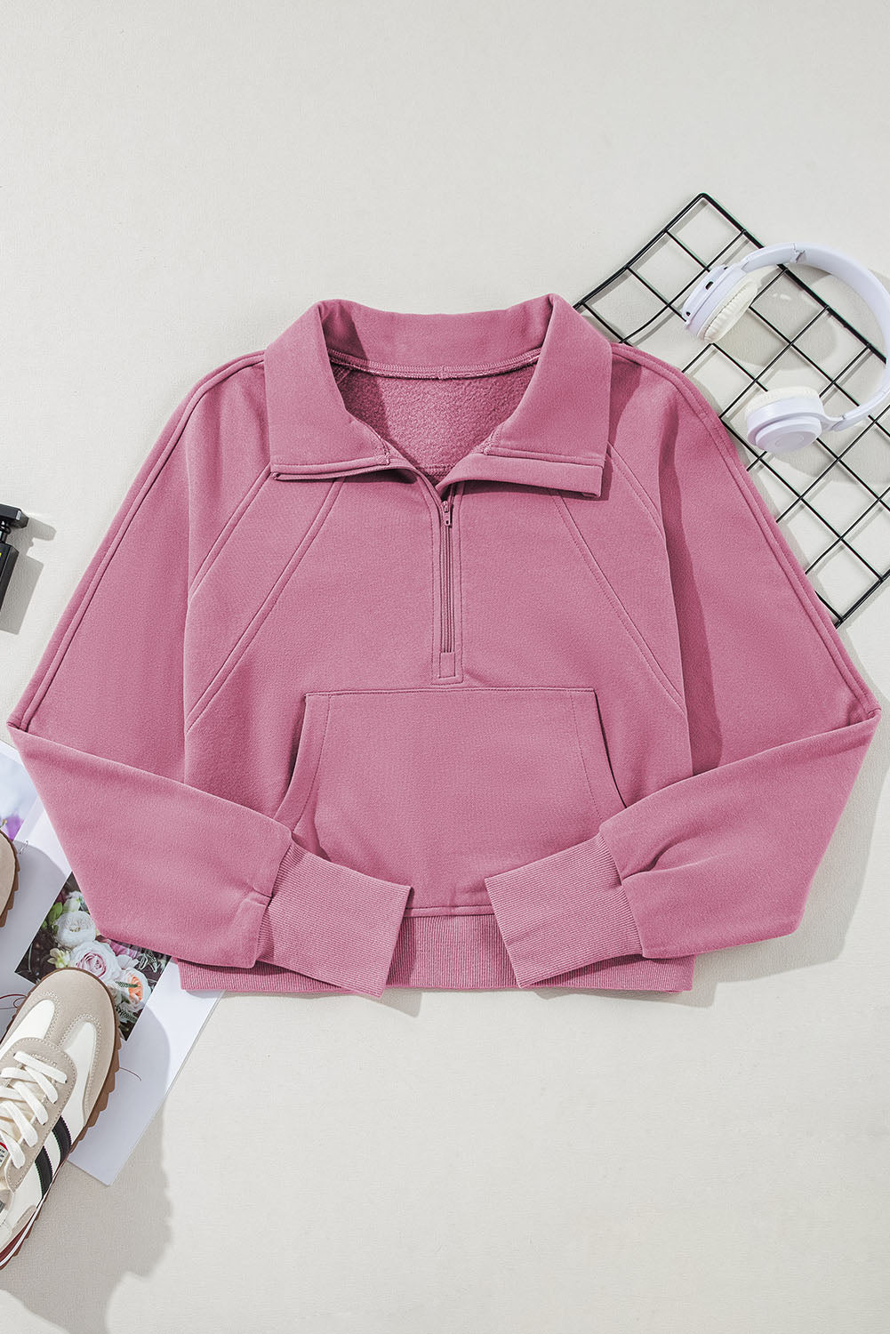 Phalaenopsis Zip Up Stand Collar Ribbed Thumbhole Sleeve Sweatshirt - The Fair Lady Shop