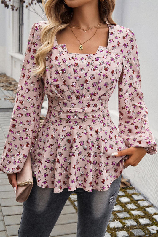 Pink Floral Bubble Sleeve Long Sleeve Top - The Fair Lady Shop