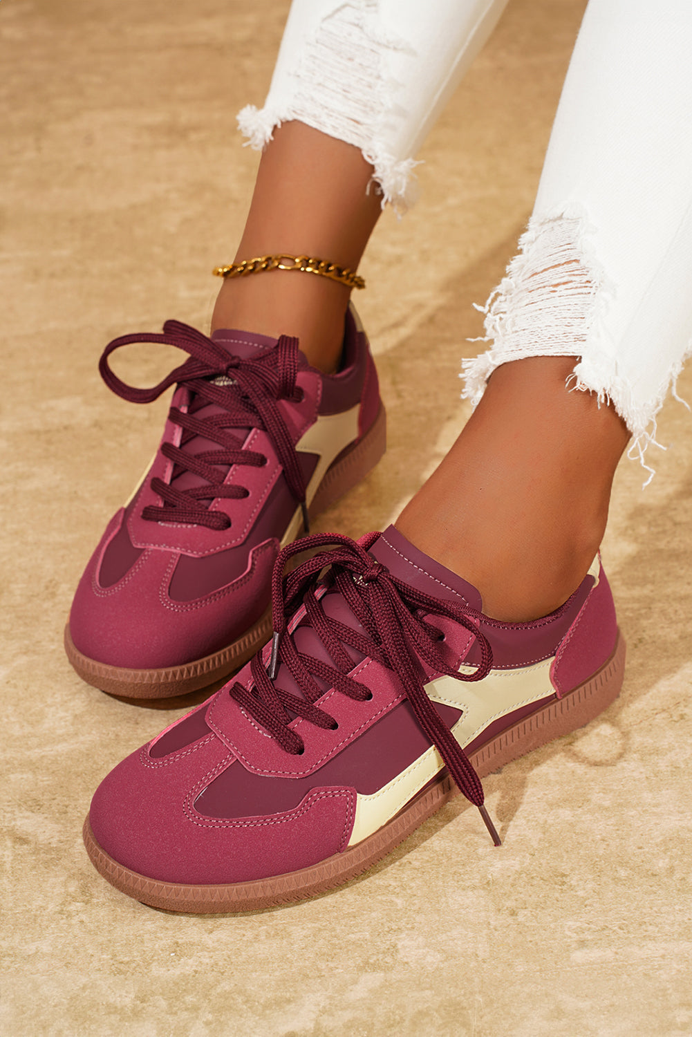 Fiery Red PU Leather Stitched Colorblock Casual Lace-Up Sneakers
