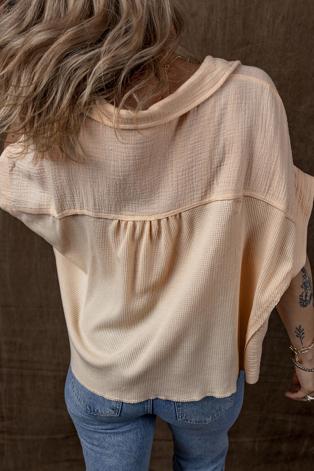 Beige Waffle Crinkle Patchwork Short Batwing Sleeve Shirt - The Fair Lady Shop