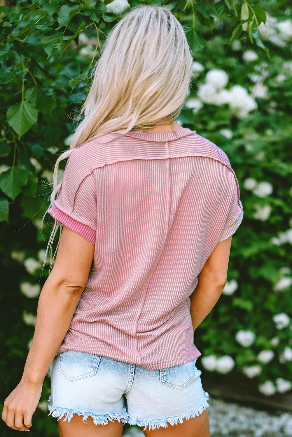 Apricot Pink Colorblock Ribbed Round Neck T Shirt - The Fair Lady Shop