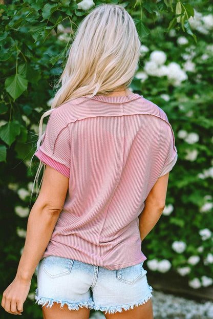 Apricot Pink Colorblock Ribbed Round Neck T Shirt - The Fair Lady Shop