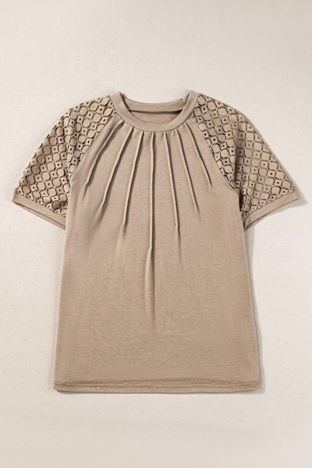 Pale Khaki Seamed Detail Contrast Lace Raglan Sleeve Tee - The Fair Lady Shop