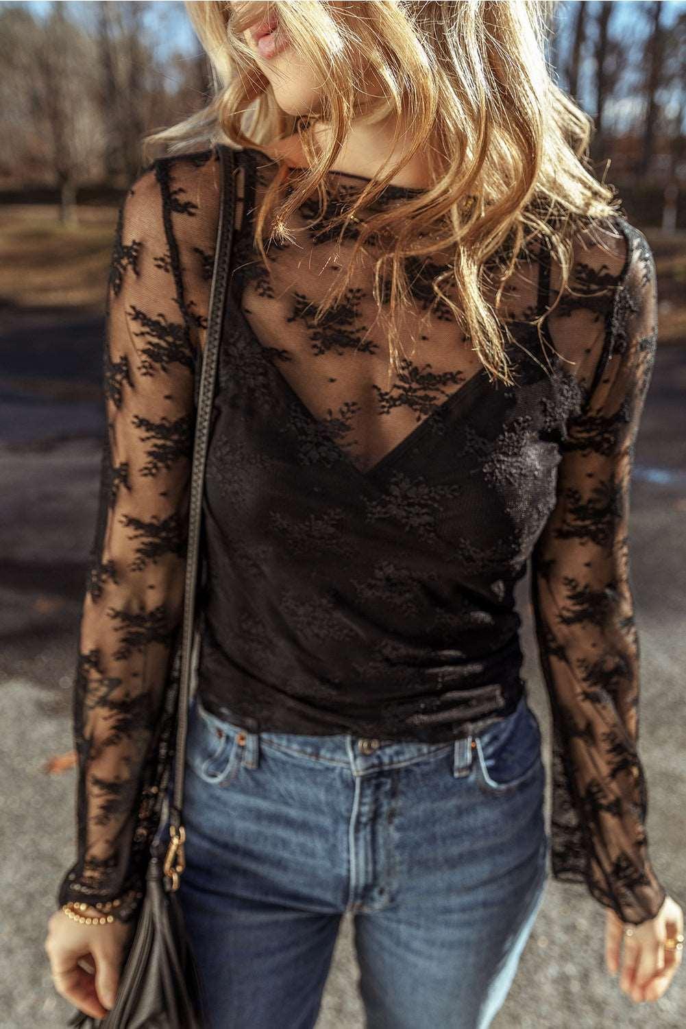 Apricot Mesh Crochet Patchwork Slim Fit Long Sleeve Blouse - The Fair Lady Shop