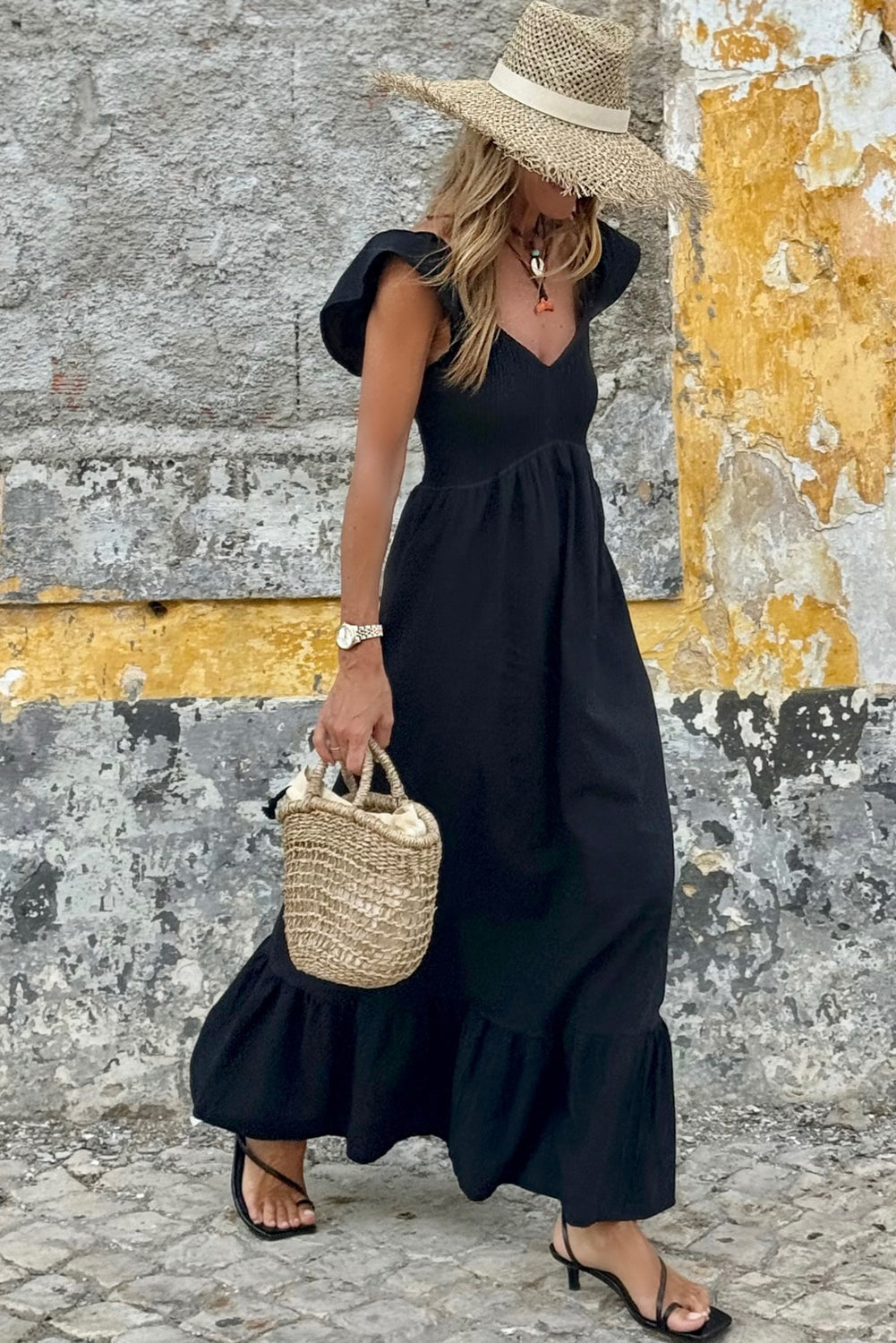 Black V Neck Flutter Sleeve Smocked Bodice High Waist Ruffle Maxi Dress - The Fair Lady Shop