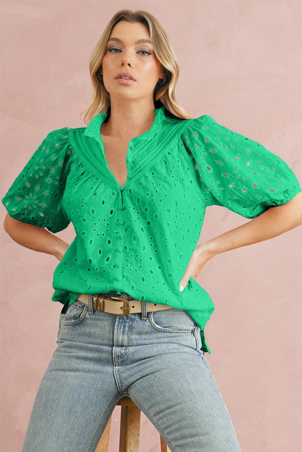 Bonbon Hollow-out Flower Embroidered Short Puff Sleeve Blouse - The Fair Lady Shop