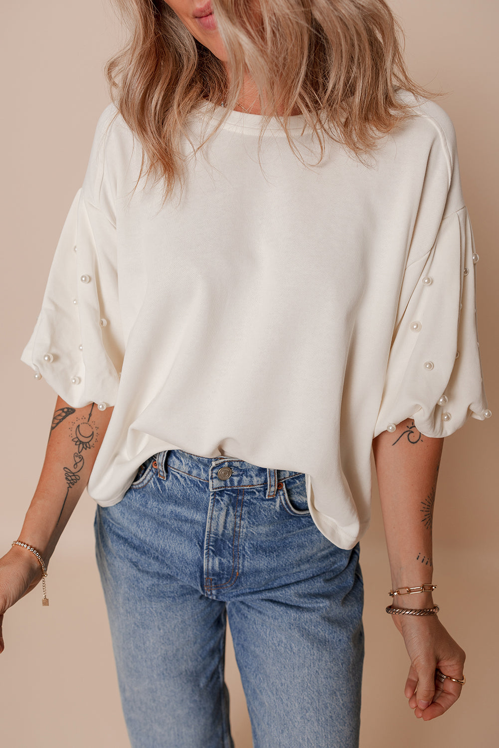 White Pearled Puff Sleeve Round Neck Loose Top - The Fair Lady Shop