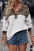 White Leopard Waffle Knit Patchwork Button V Neck Top - The Fair Lady Shop