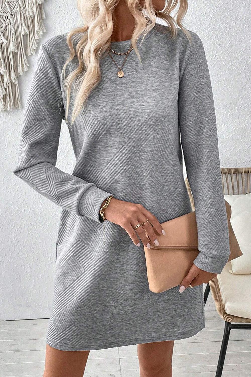 Gray Solid Color Textured Long Sleeve Shift Short Dress - The Fair Lady Shop