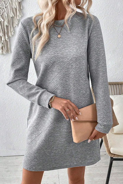 Gray Solid Color Textured Long Sleeve Shift Short Dress - The Fair Lady Shop