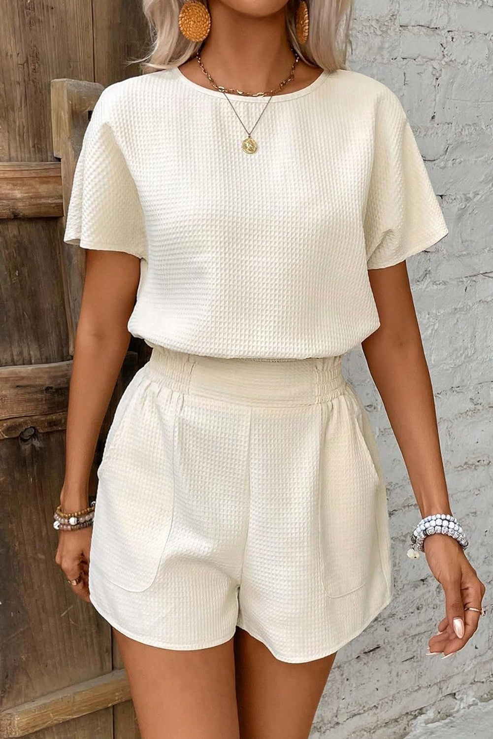 Beige Solid Textured Top and Shorts Set - The Fair Lady Shop