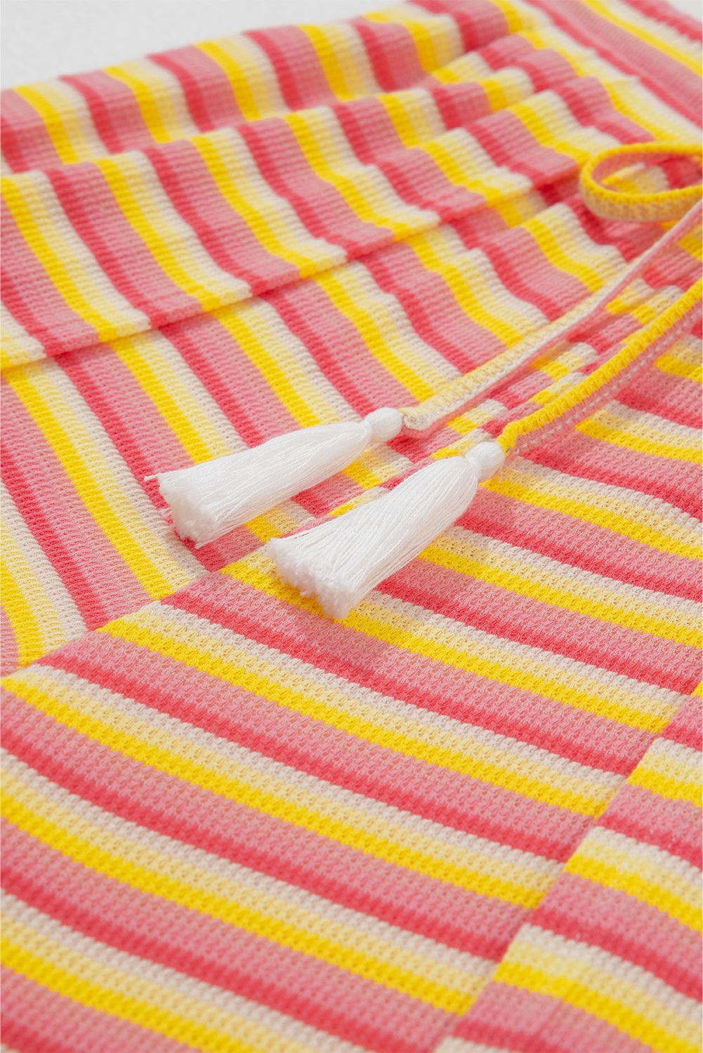 Yellow Stripe Rainbow Tee and Tassel Drawstring Wide Leg Pants Set - The Fair Lady Shop