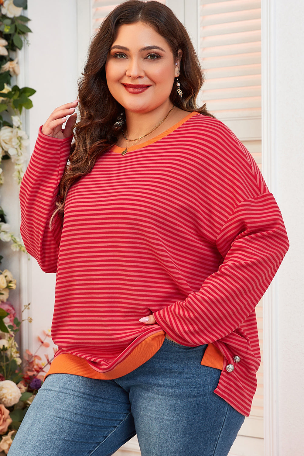 Orange Stripe Plus Size Drop Shoulder Long Sleeve Top - The Fair Lady Shop