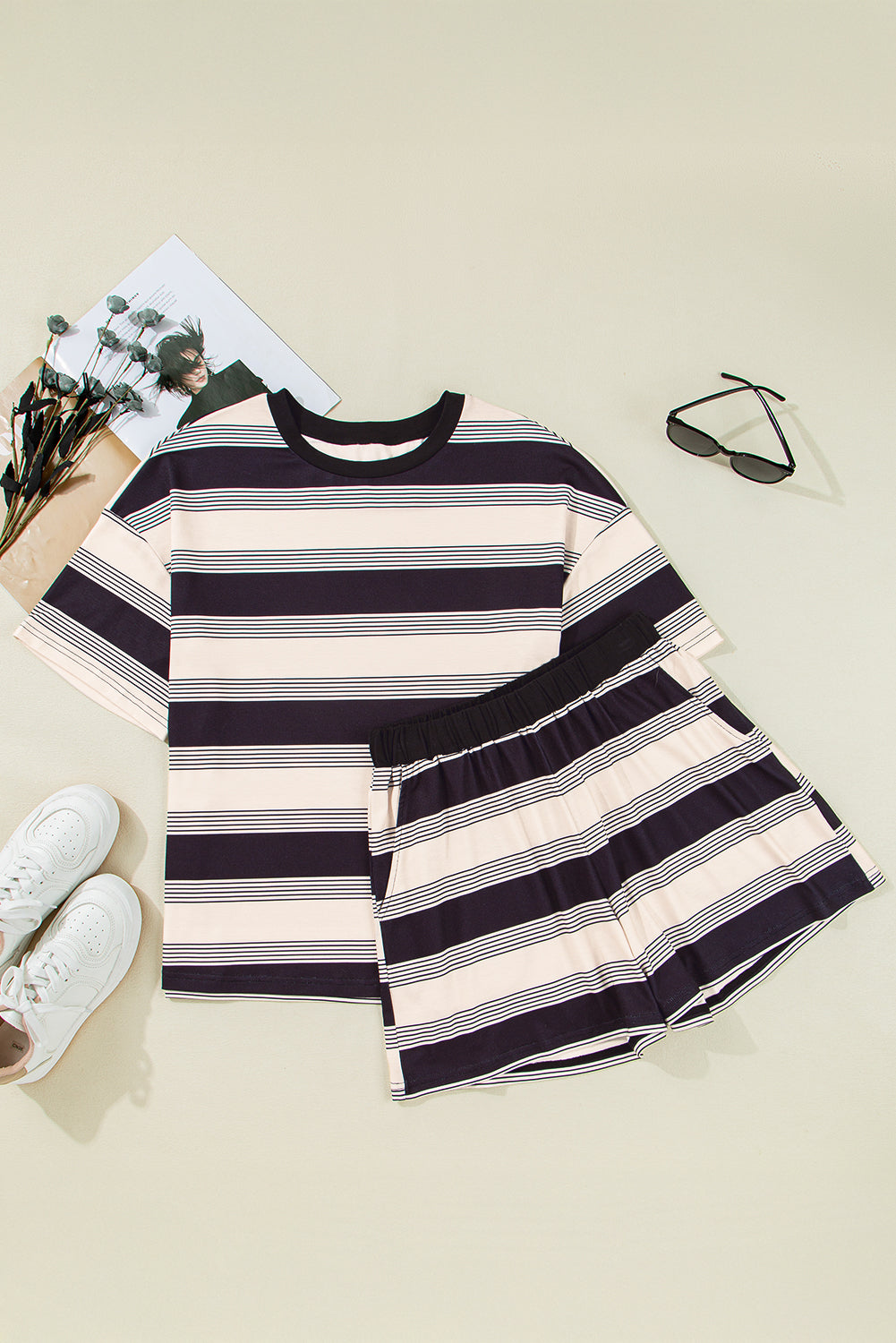 Black Stripe Short Sleeve T-Shirt and High Waist Pocket Shorts Set - The Fair Lady Shop