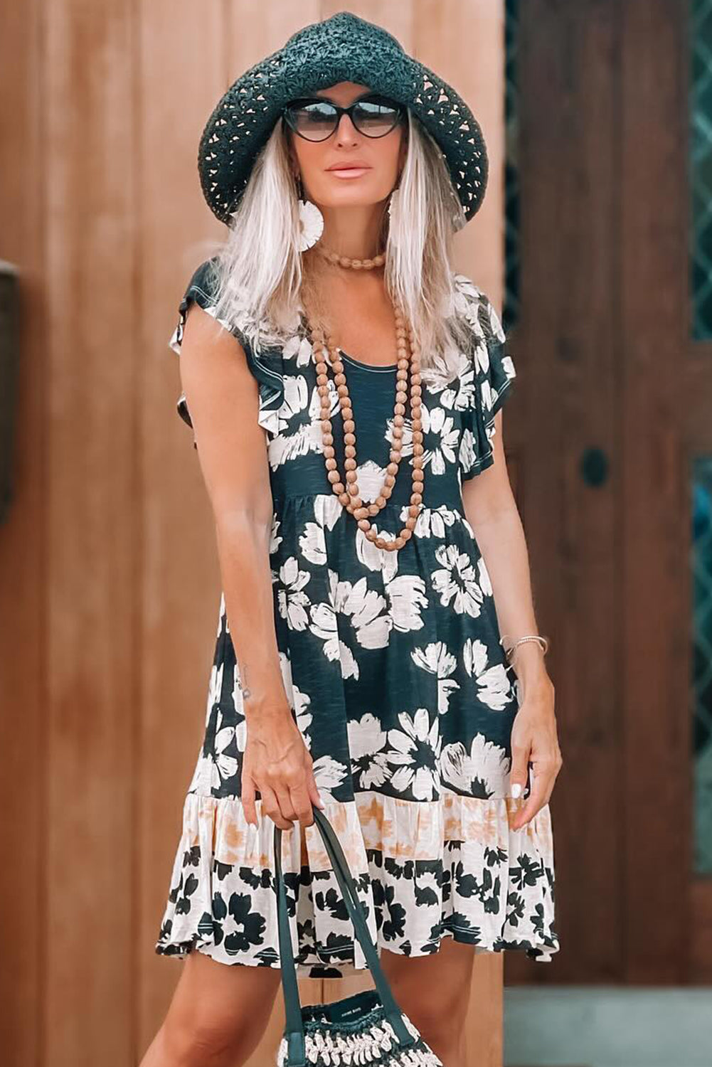Dark Green Floral Print Ruffle Sleeve Empire Waist Mini Dress - The Fair Lady Shop