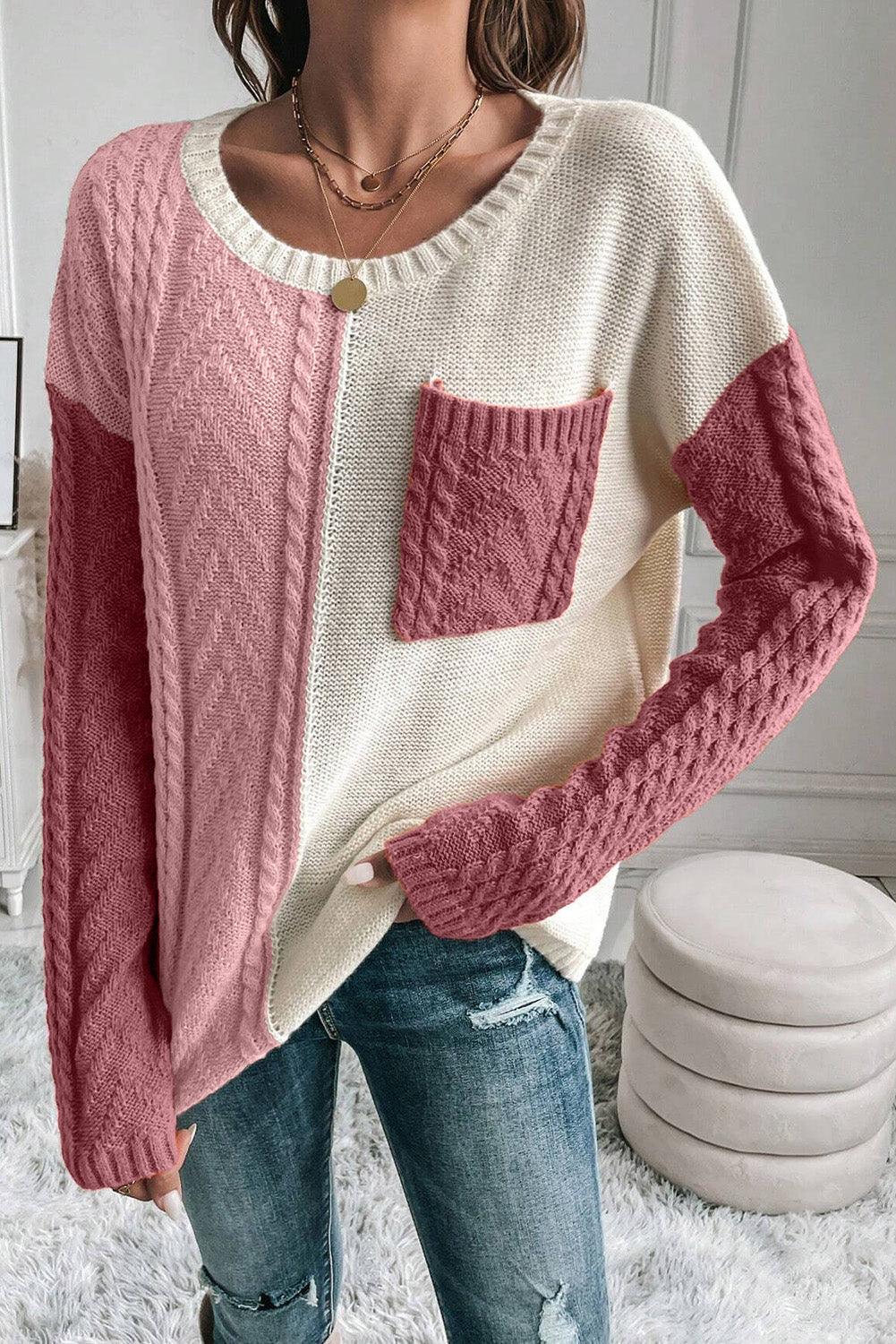 Rose Tan Colorblock Pocket Drop Shoulder Sweater - The Fair Lady Shop