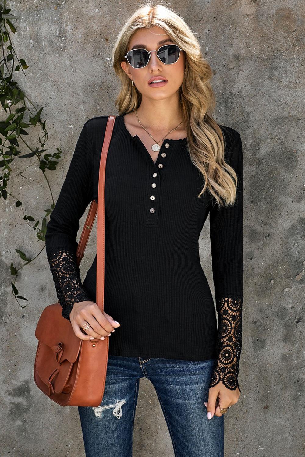 Beige Ribbed Lace Crochet Long Sleeve Henley Shirt for Women - The Fair Lady Shop