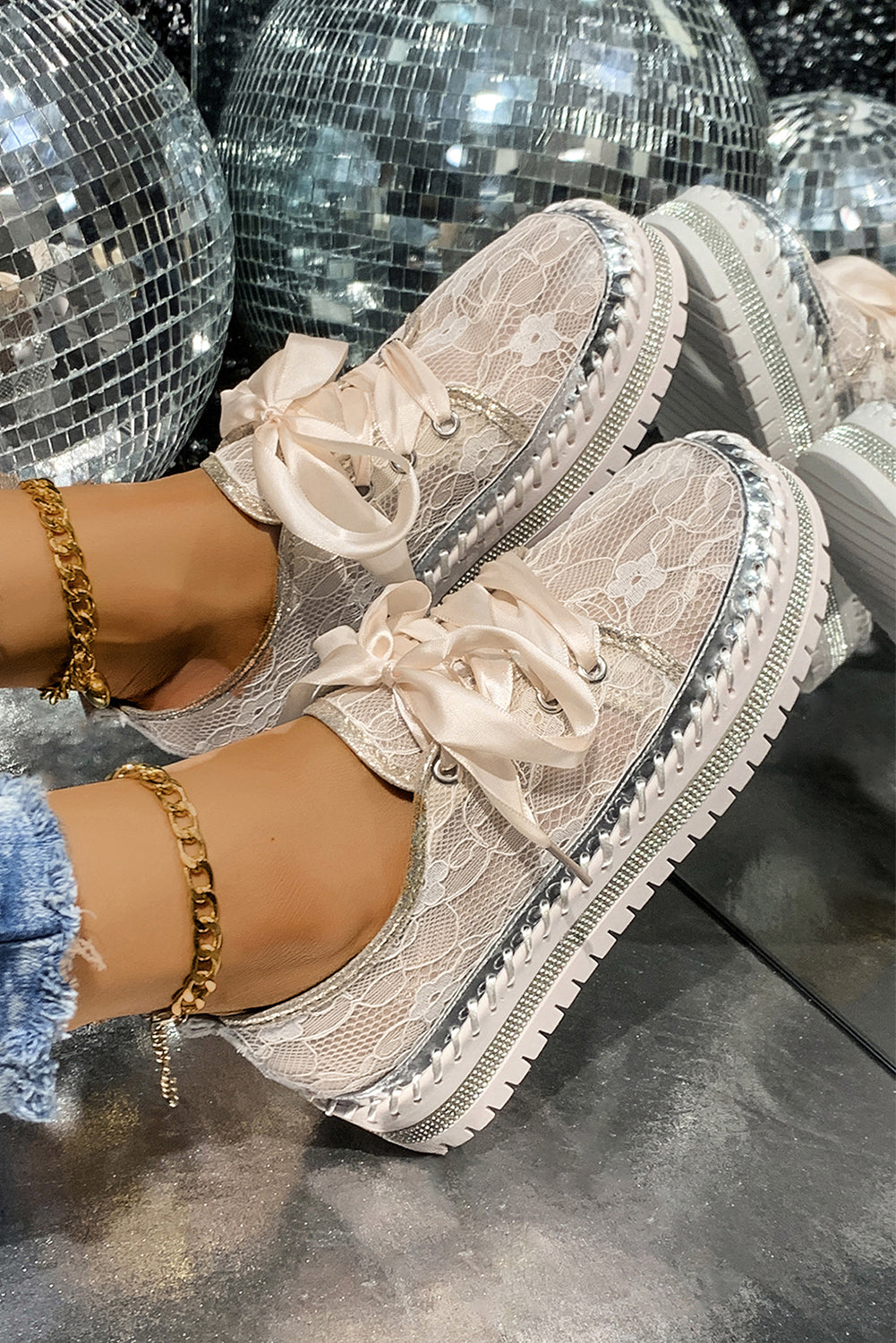 White Floral Mesh Thick Sole Sneakers
