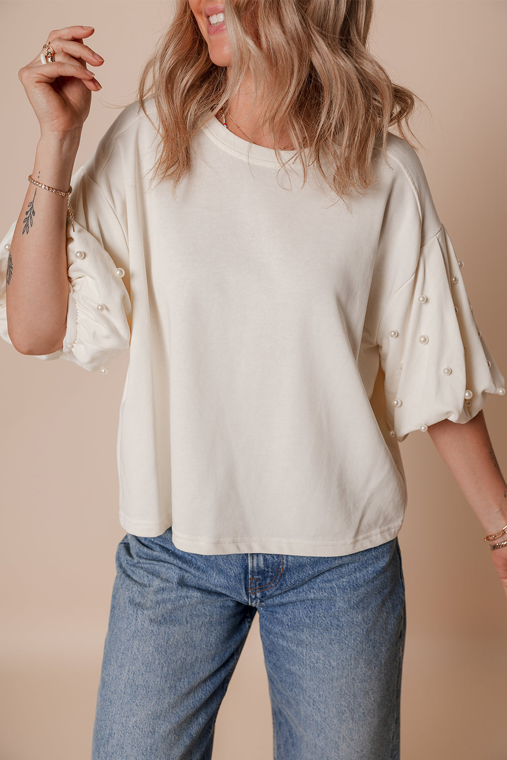 White Pearled Puff Sleeve Round Neck Loose Top - The Fair Lady Shop