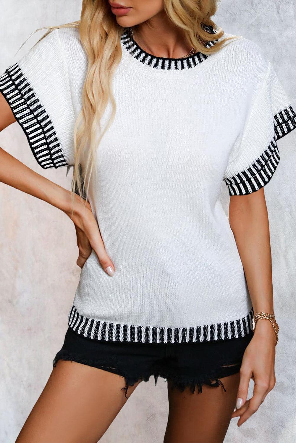Beige Contrast Trim Round Neck Batwing Sleeve Knitted T Shirt - The Fair Lady Shop