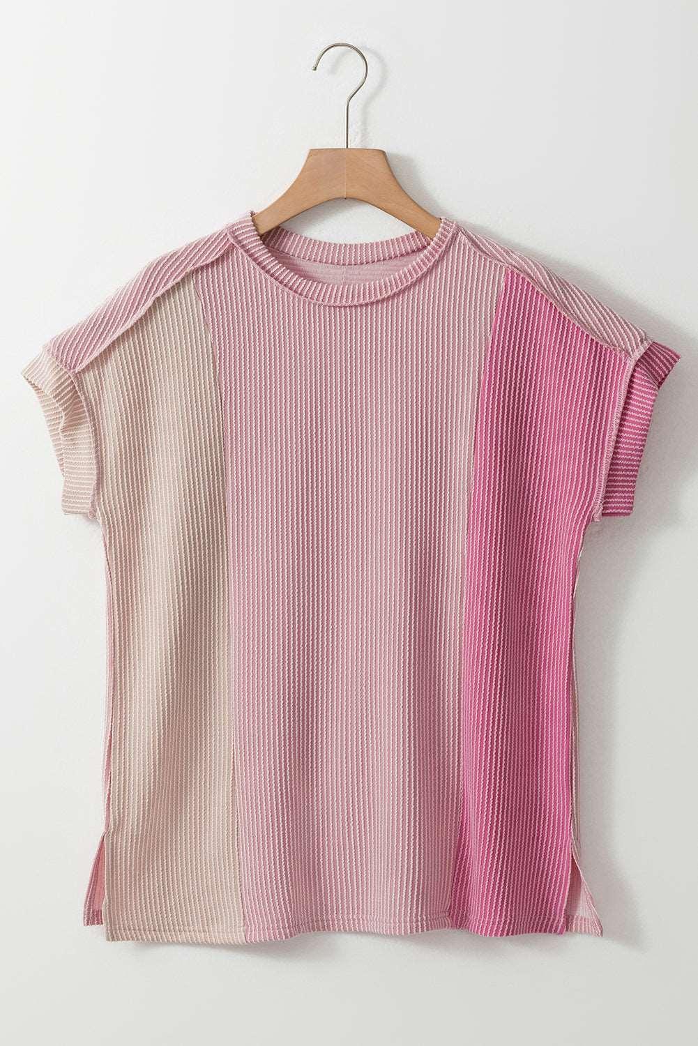 Apricot Pink Colorblock Ribbed Round Neck T Shirt - The Fair Lady Shop