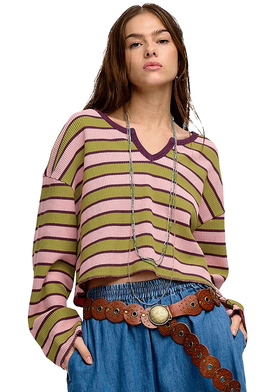 Spinach Green Striped V-Neck Rib-knit Pullover Top - The Fair Lady Shop