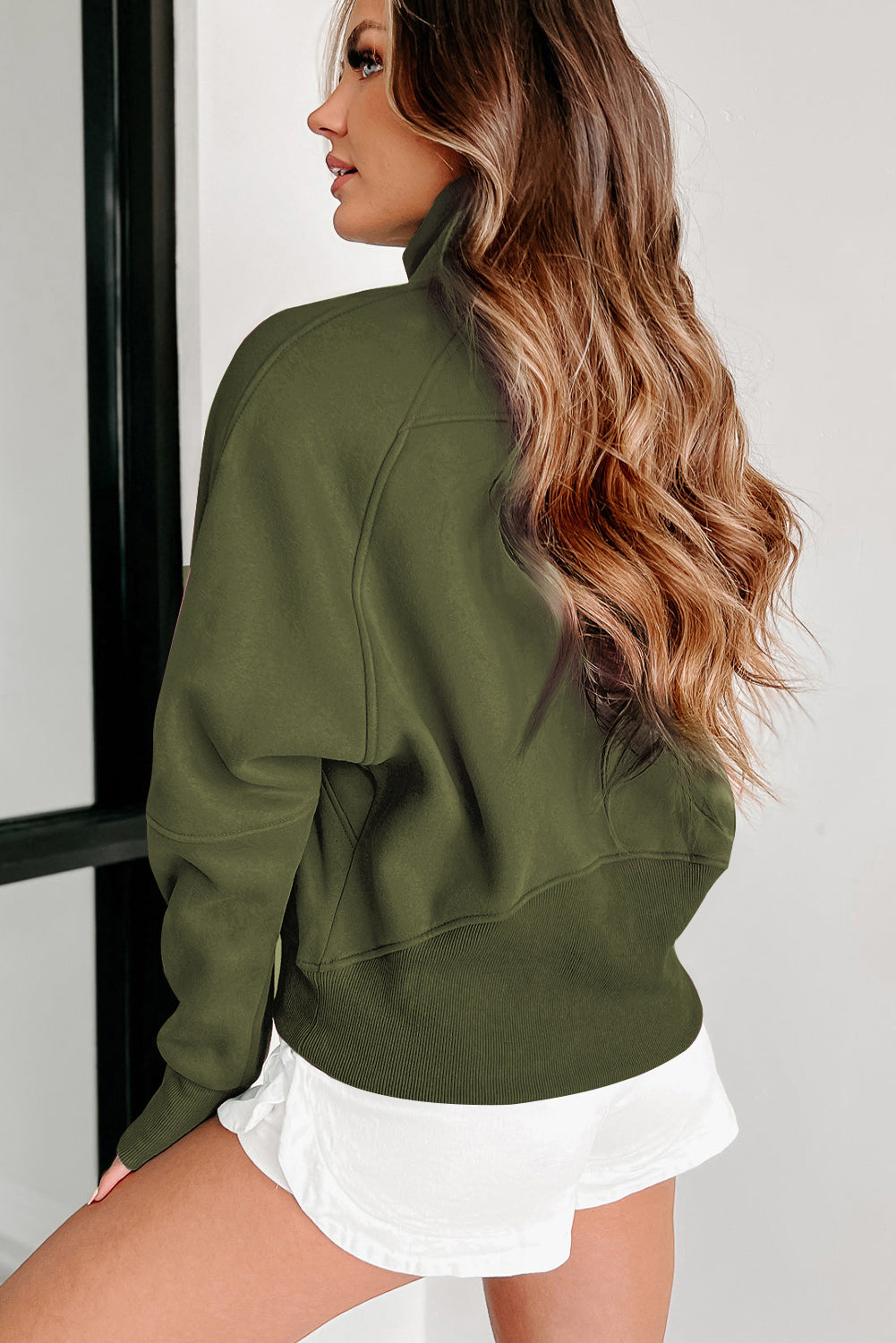 Green Zip Up Stand Collar Ribbed Thumbhole Sleeve Sweatshirt - The Fair Lady Shop