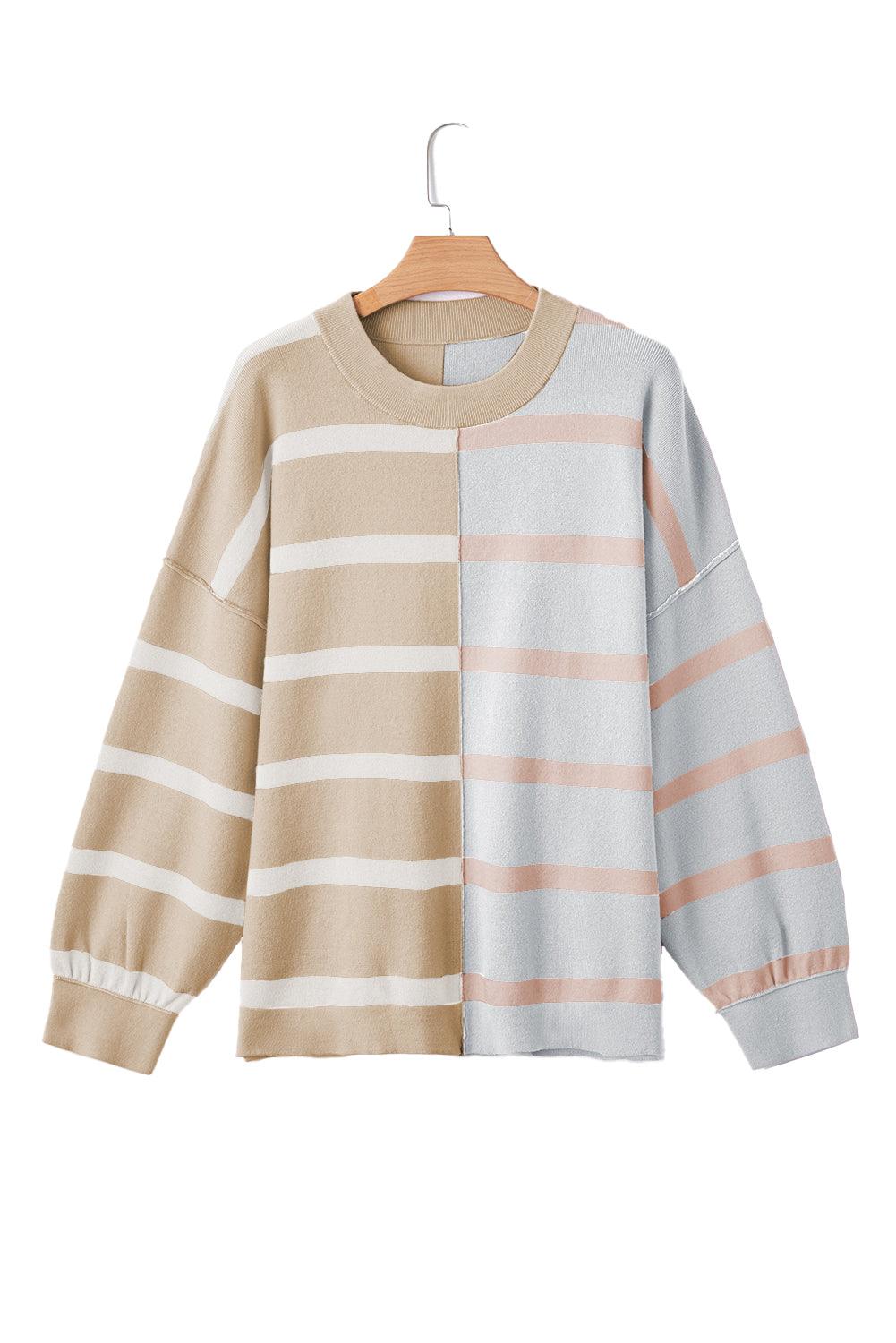 Khaki Stripe Exposed Seam Patchwork Loose Sweatshirts - The Fair Lady Shop