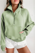 Smoke Green Zip Up Stand Collar Ribbed Thumbhole Sleeve Sweatshirt - The Fair Lady Shop