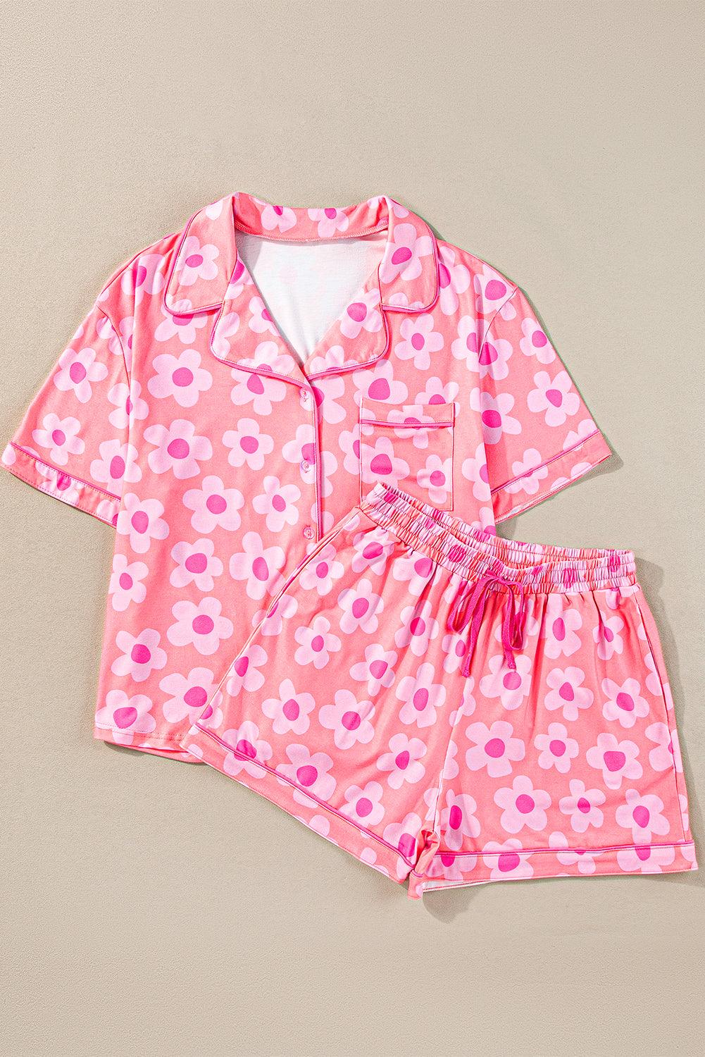 Green Flower Print Buttoned Shirt and Drawstring Waist Pajama Set - The Fair Lady Shop