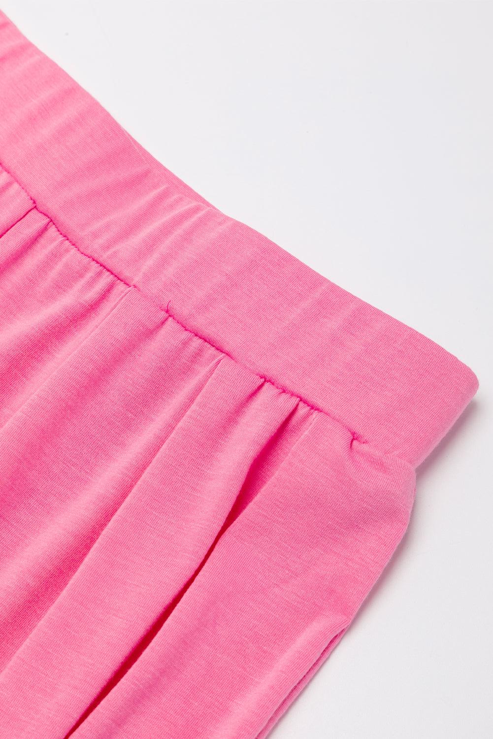 Strawberry Pink Plain Slim Fit Crop Top And Wide Leg Pants Set - The Fair Lady Shop