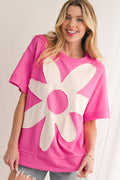 Sachet Pink 60s Flower Applique Slits T-Shirt - The Fair Lady Shop