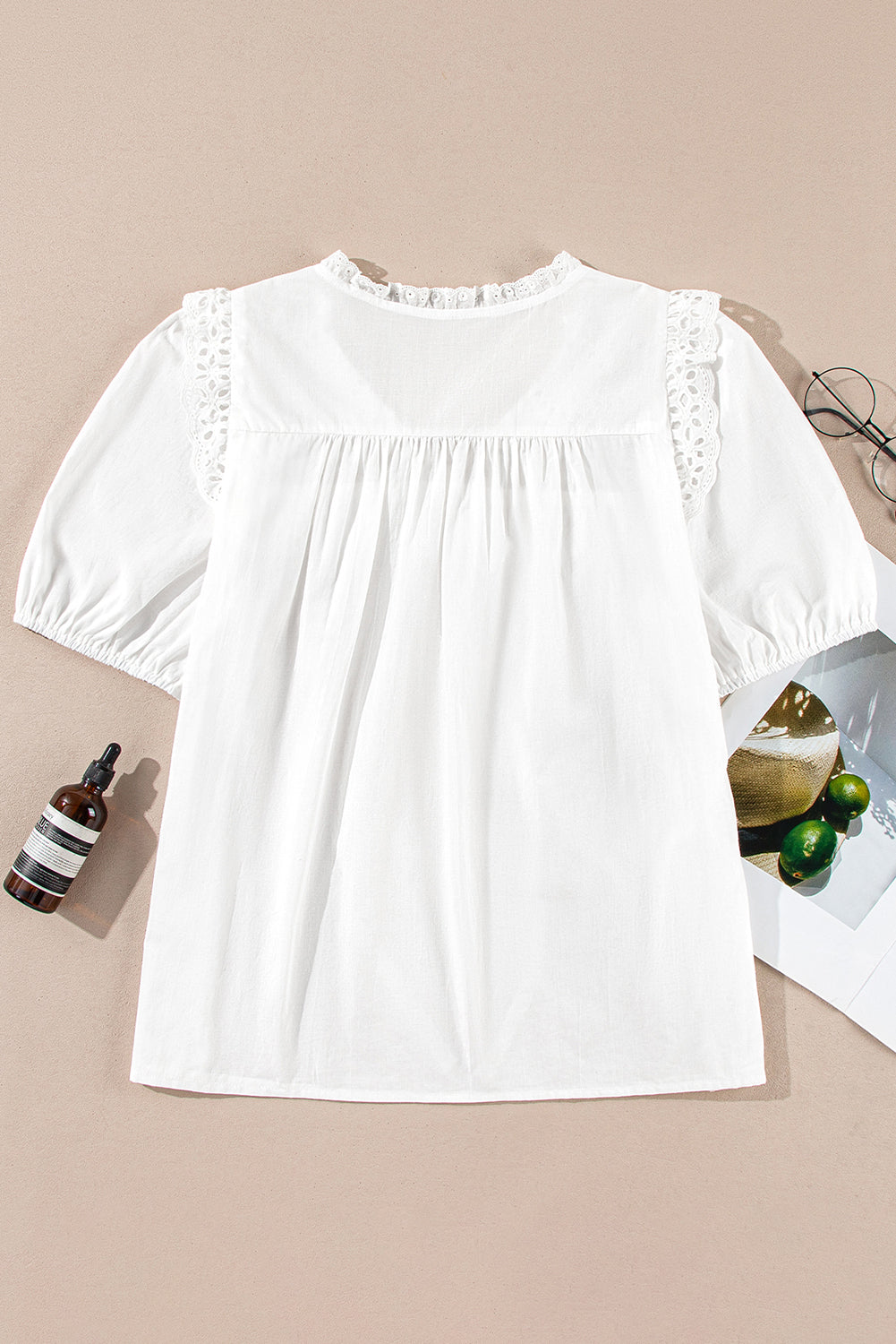 White Embroidered Lace Patchwork Tie Neck Half Sleeve Blouse - The Fair Lady Shop