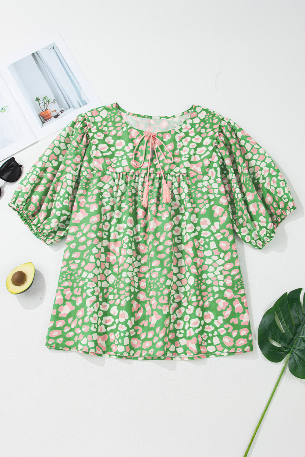 Green Plus Size Leopard Tassel Tie Split Neck Puff Sleeve Blouse - The Fair Lady Shop