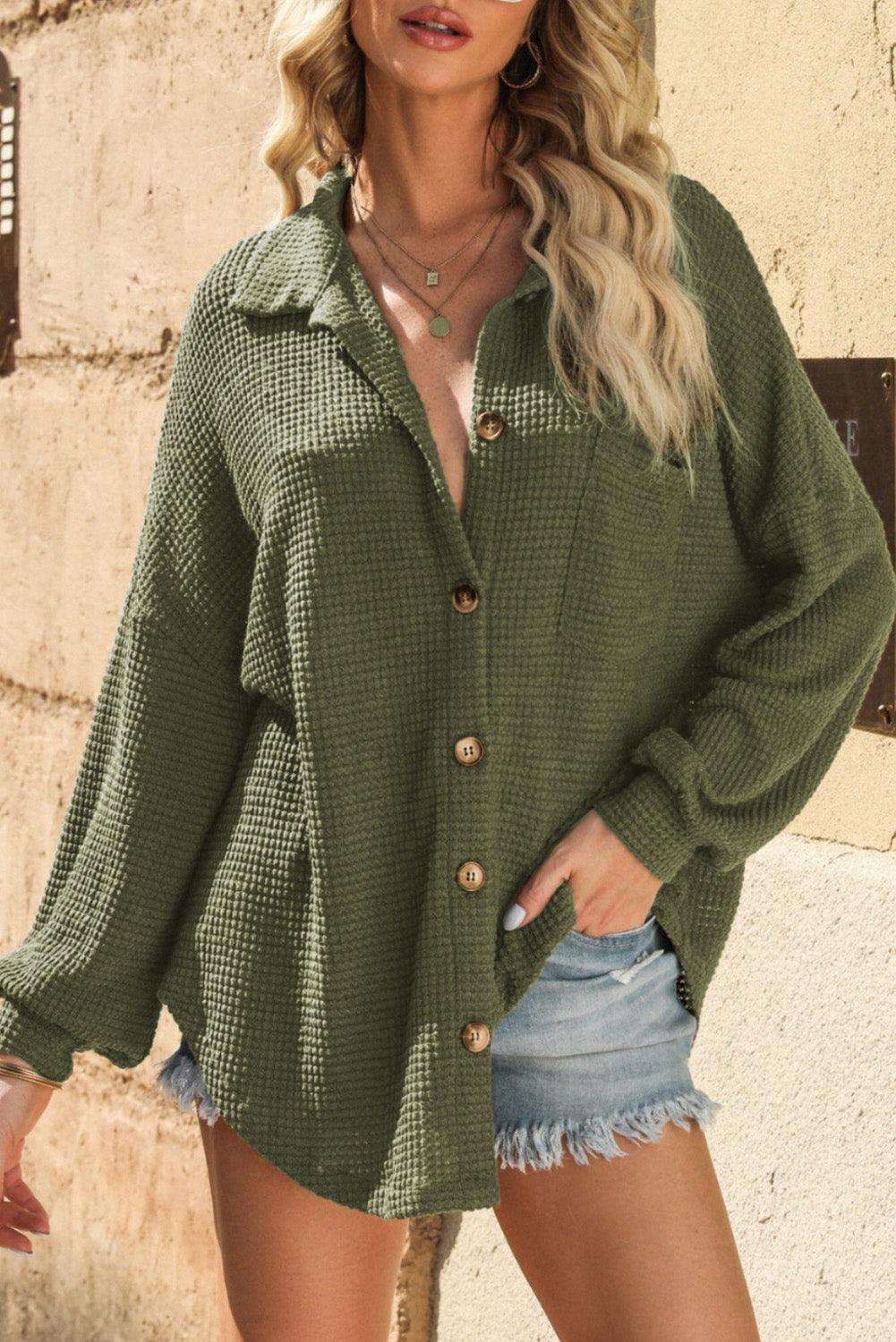 Khaki Waffle Knit Pocket Button Front Shacket - The Fair Lady Shop