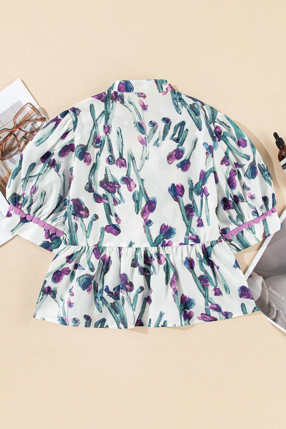 Purple Floral Ricrac Trim Puff Sleeve Peplum Blouse - The Fair Lady Shop