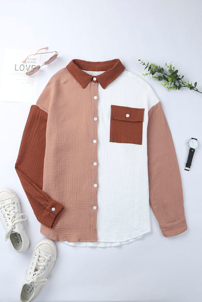 Brown Color Block Pockets Textured Long Sleeve Shacket - The Fair Lady Shop