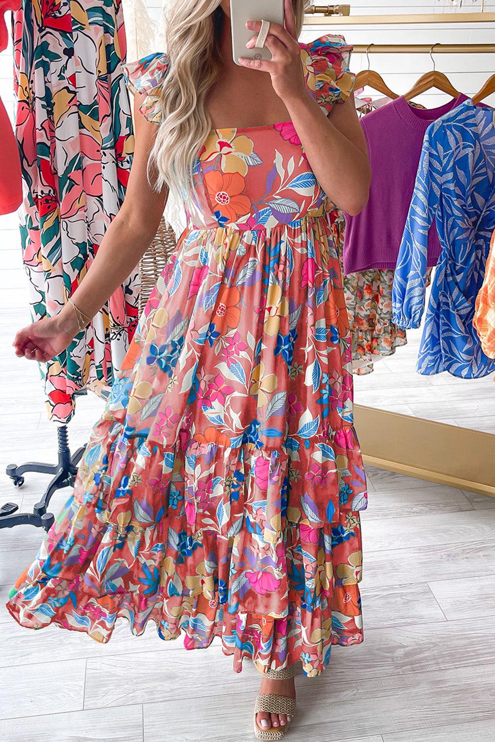 Pink Floral Print Sleeveless Ruffle Tiered Maxi Dress - The Fair Lady Shop