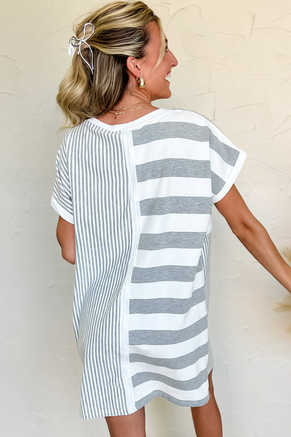 Gray Stripe Mixed Printed Short Sleeve Shift Mini T Shirt Dress - The Fair Lady Shop